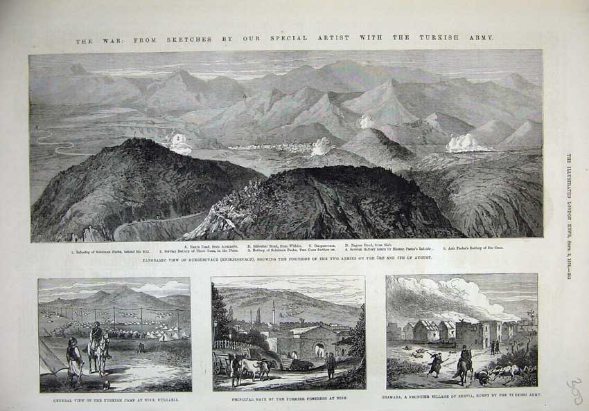 Old Antique Print 1876 View Gurgusovacz War Turkey Nish Bulgaria Servia 19th