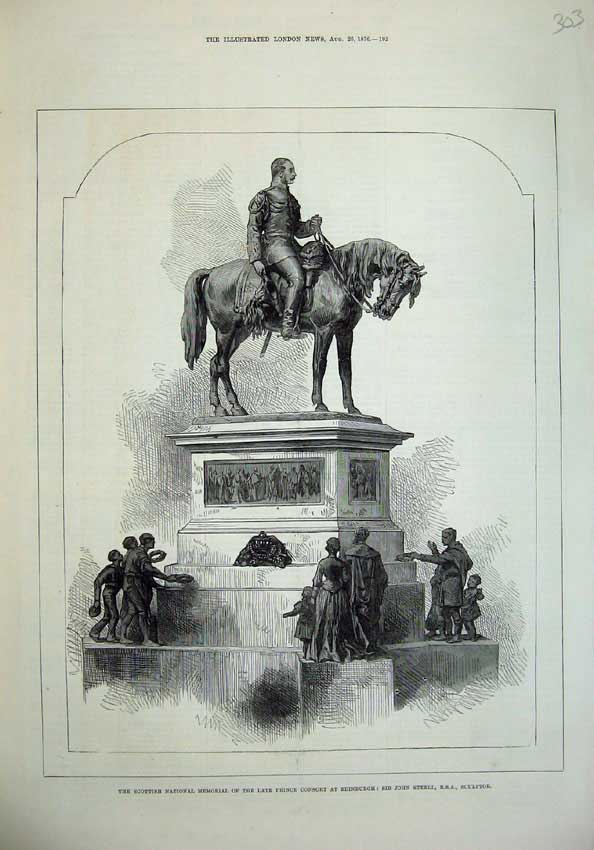 Original Old Antique Print 1876 Memorial Prince Consort Edinburgh John Steel