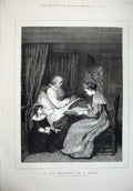 Original Old Antique Print Heguenot 1876 Man Bed Woman Little Girl Reading Art