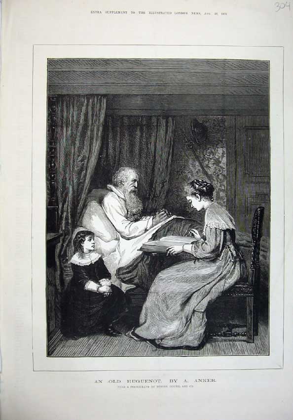 Original Old Antique Print Heguenot 1876 Man Bed Woman Little Girl Reading Art