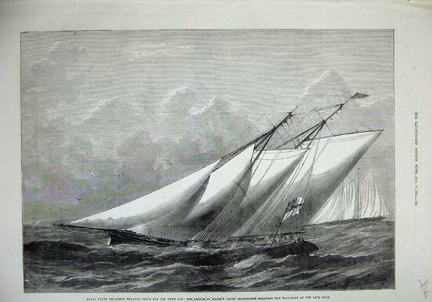 Original Old Antique Print 1876 Yacht Regatta Prince Wales Hildegarde Lepe Buoy