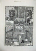 Old Antique Print 1876 Chester Cathedral Reredos Organ Pulpit Throne Art 19th