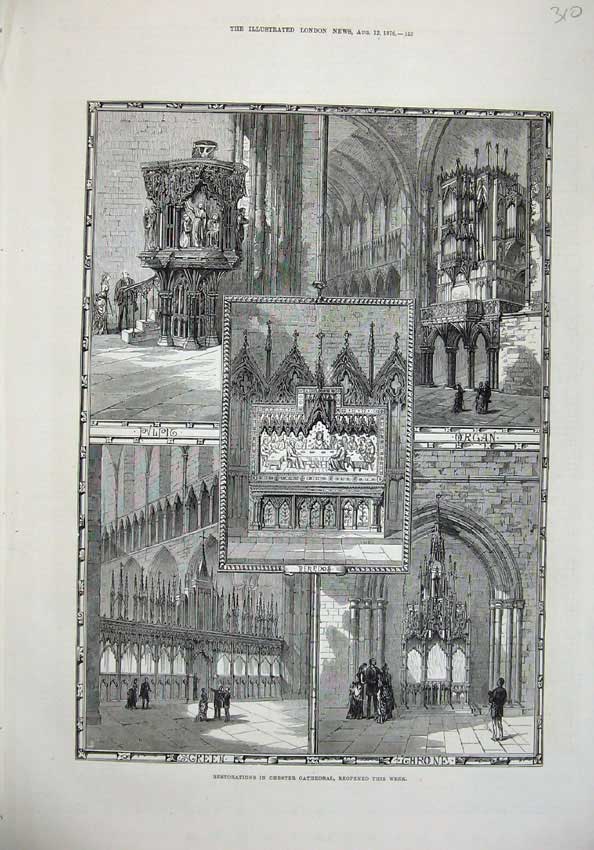 Old Antique Print 1876 Chester Cathedral Reredos Organ Pulpit Throne Art 19th