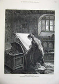 Original Old Antique Print 1876 Fine Art Elaine Woman Tapestry Castle Gow 19th