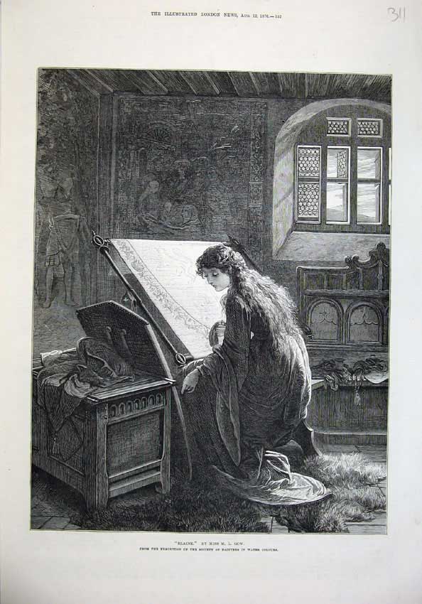 Original Old Antique Print 1876 Fine Art Elaine Woman Tapestry Castle Gow 19th