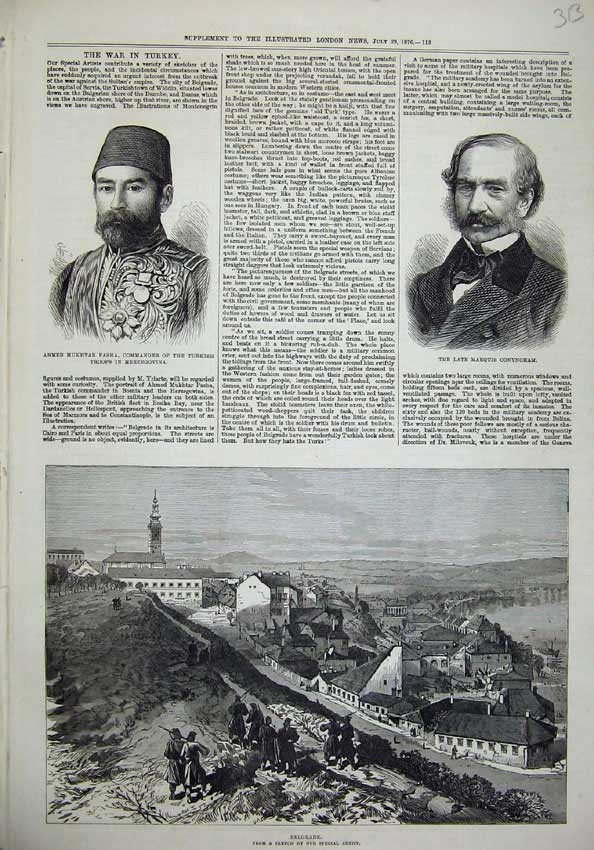 Original Old Antique Print 1876 View Belgrade Ahmed Pasha Marquis Conyngham Men