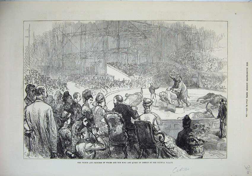 Original Old Antique Print 1876 Circus Prince Wales King Greece Crystal Palace