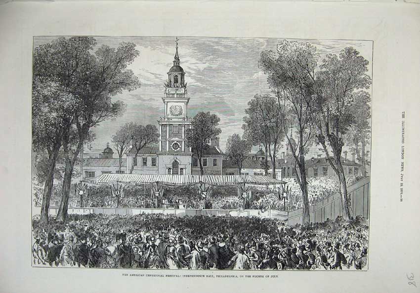 Old Antique Print 1876 American Festival Independence Hall Philadelphia 19th