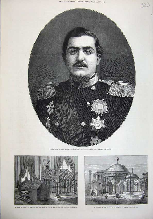 Old Antique Print 1876Prince Milan Obrenovitch Servia Tomb Medjid Mahmoud 19th