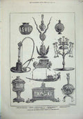 Old Antique Print 1876 Prince Wales Kensington Surahi Candelabrum Hookah 19th