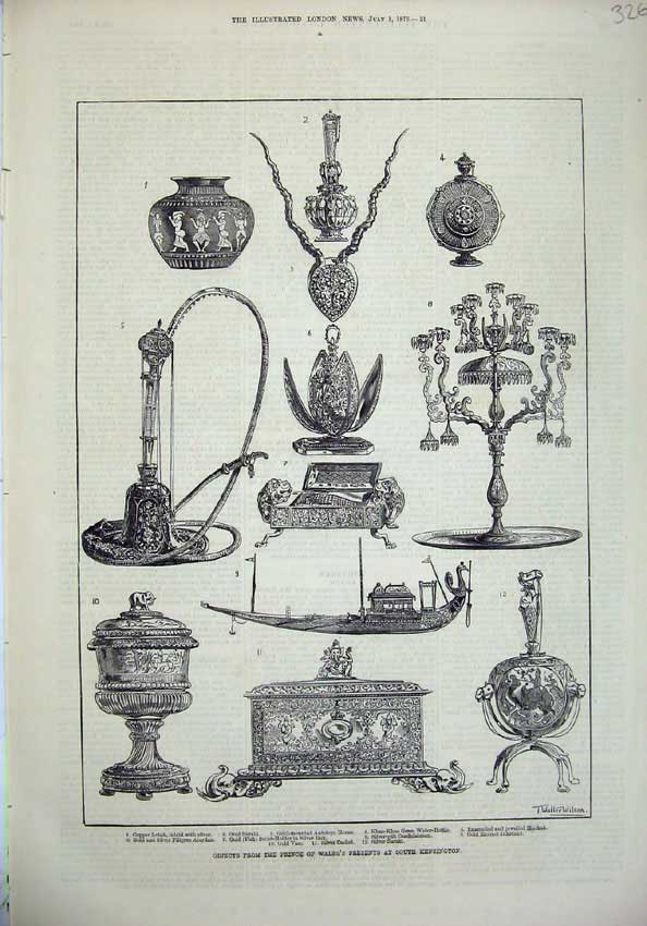 Old Antique Print 1876 Prince Wales Kensington Surahi Candelabrum Hookah 19th