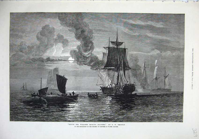 Old Antique Print 1876 South Sea Whalers Boiling Blubber Ships Moonlight 19th