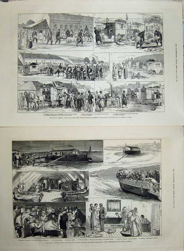 Old Antique Print War Servia 1876 Transport Ambulance Hospital Barge Art 19th