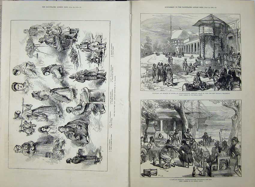 Old Antique Print War Servian 1876 CafÇ Therapia Constantinople Mosque 19th