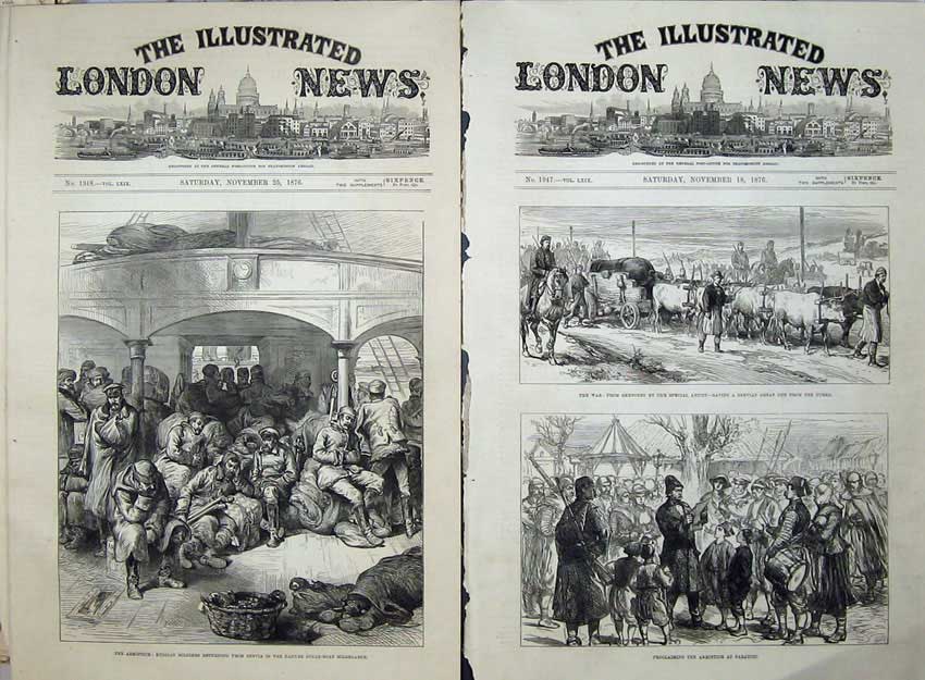 Original Old Antique Print 1876 Armistice Russian Siers Boat Hildegarde Army