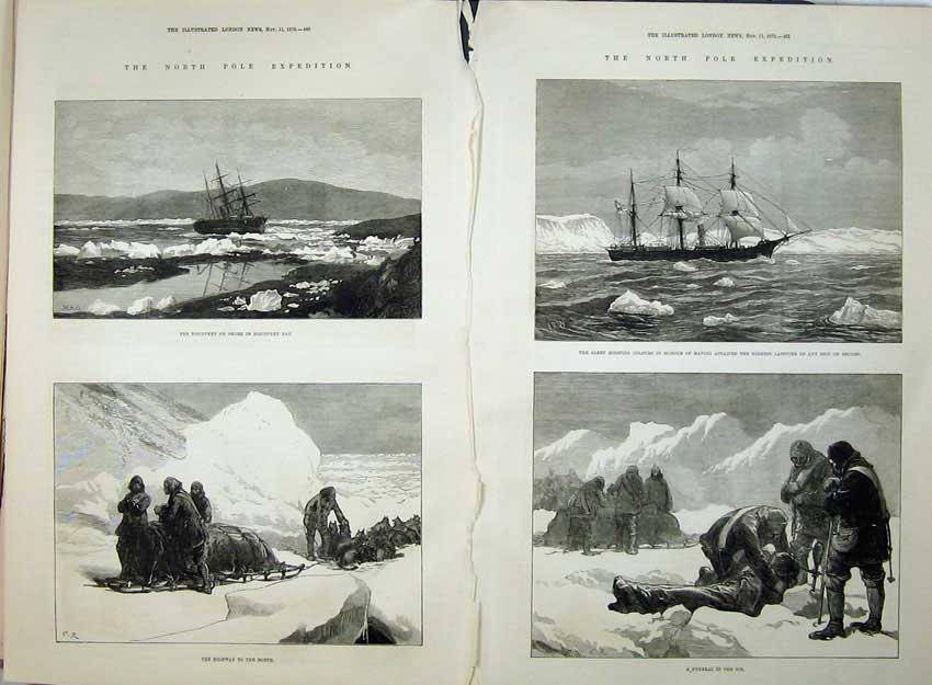 Antique Old Print 1876 North Pole Discovery Ship Bay Albert Dead Body Ice 19th