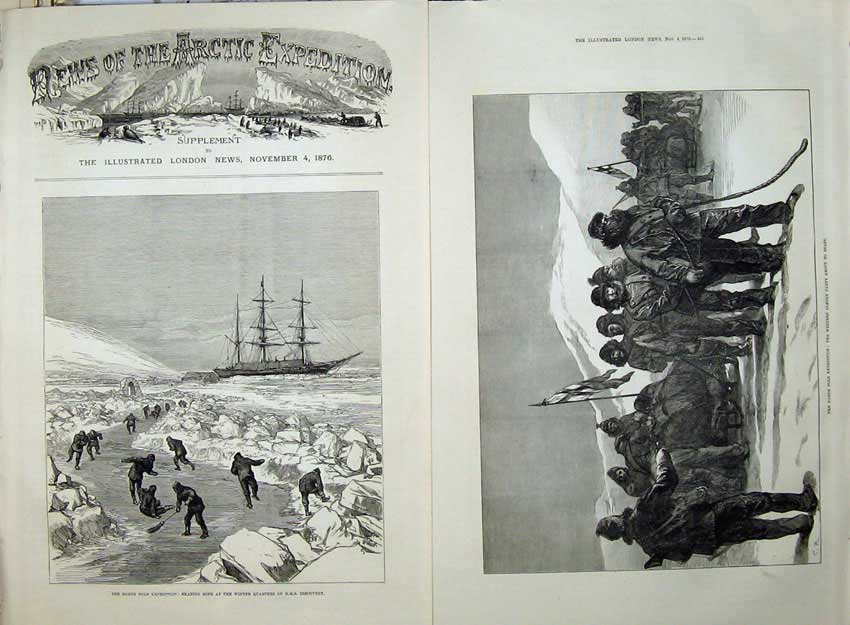 Old Antique Print North Pole 1876 Ice Skating Rink Discovery Ship Sledge 19th