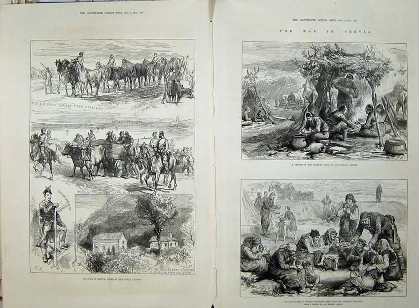 Original Old Antique Print War Servia 1876 Monastery Turkish Prisoners Siers