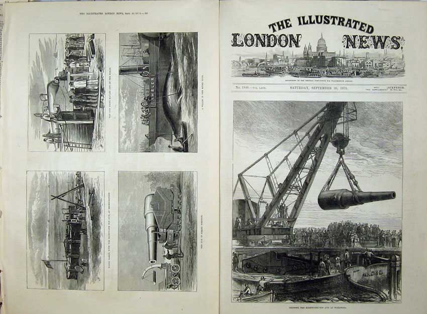 Old Antique Print Gun Woolwich 1876 Magog Barge Whale River Tyne Canon 19th