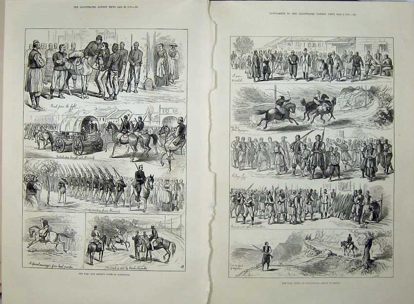 Original Old Antique Print 1876 War Alexinatz Turkish Spies Army Volunteers Ta