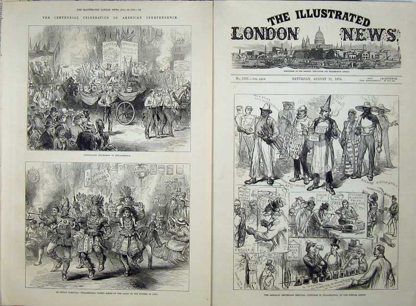 Original Old Antique Print 1876 American Festival Philadelphia Indian Carnival