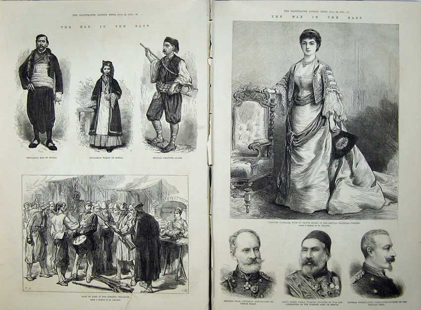 Antique Old Print 1876 War Belgrade Bulgarian Women Princess Nathalie Men 19th