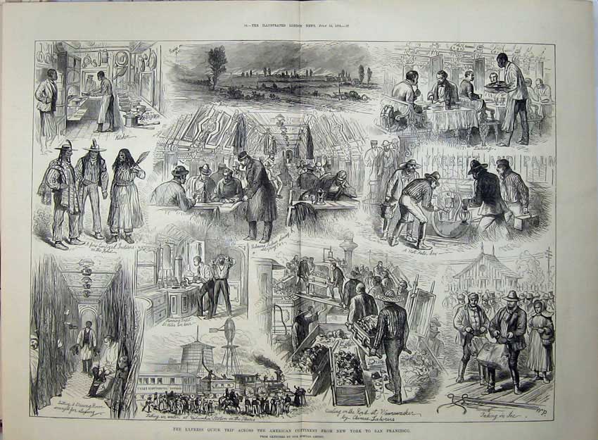 Original Old Antique Print 1876 Train Journey America San Francisco New York