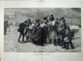 Old Antique Print 1876 Fine Art Sea-Shore Men Women Children Ships Storm 19th