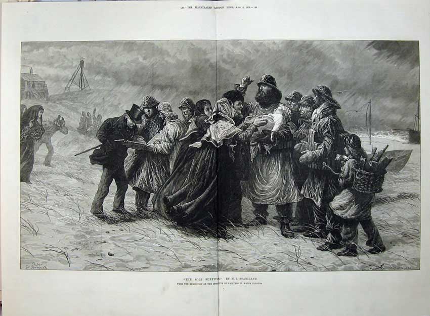 Old Antique Print 1876 Fine Art Sea-Shore Men Women Children Ships Storm 19th