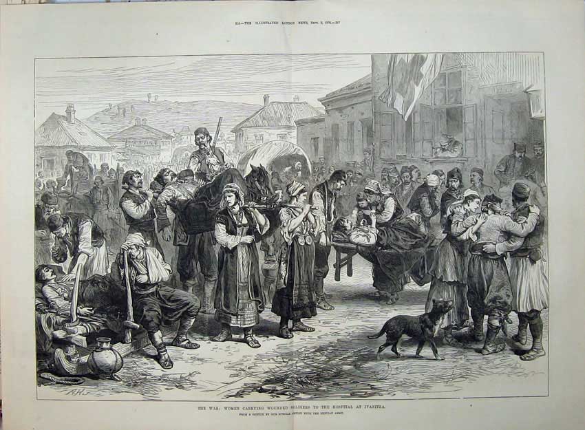 Original Old Antique Print 1876 War Women Wounded Siers Hospital Ivanitza Art