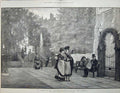 Original Old Antique Print 1876 Fine Art Fountain Court Temple Families Linton