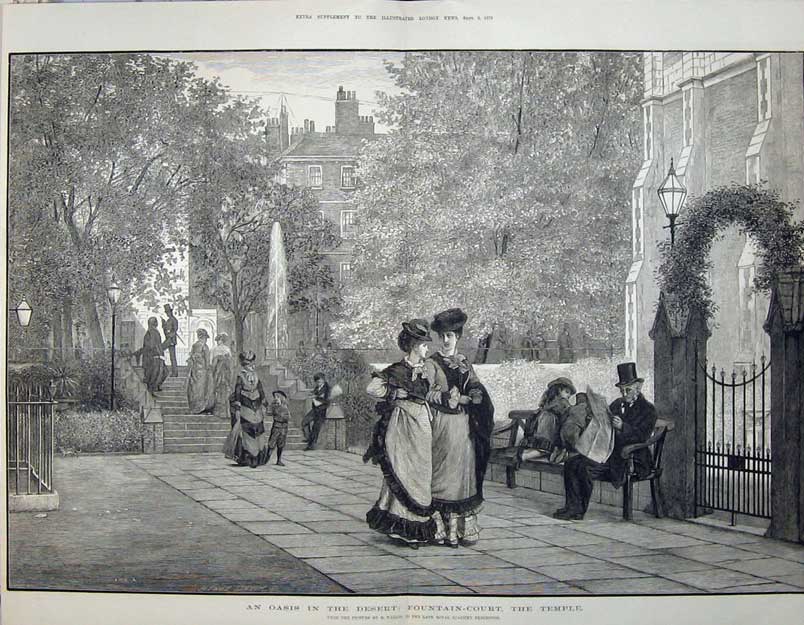 Original Old Antique Print 1876 Fine Art Fountain Court Temple Families Linton