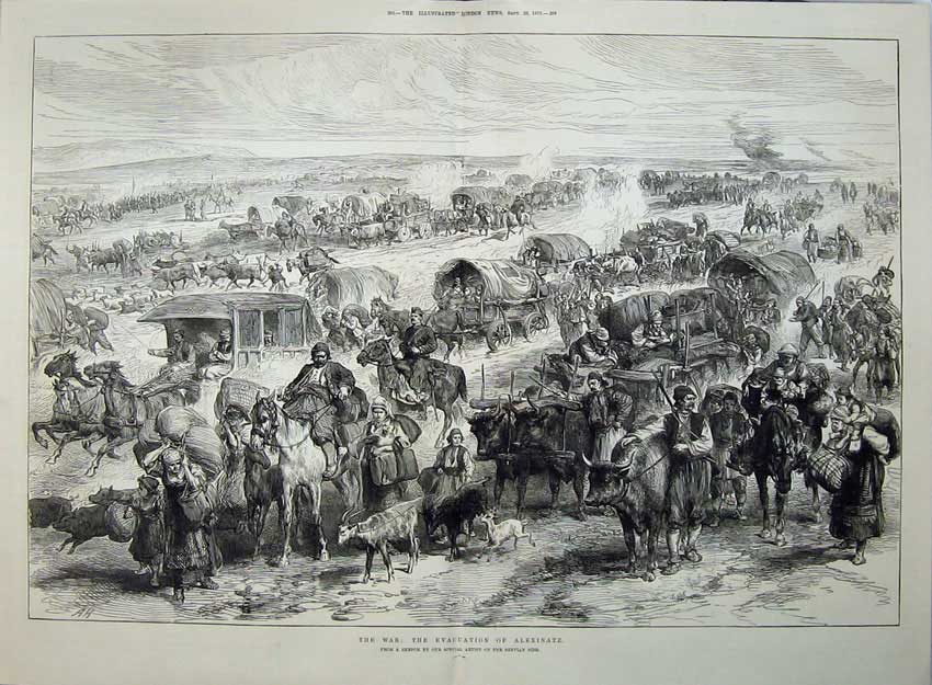 Antique Old Print War 1876 Evacuation Alexinatz Cattle Horses People Goat 19th