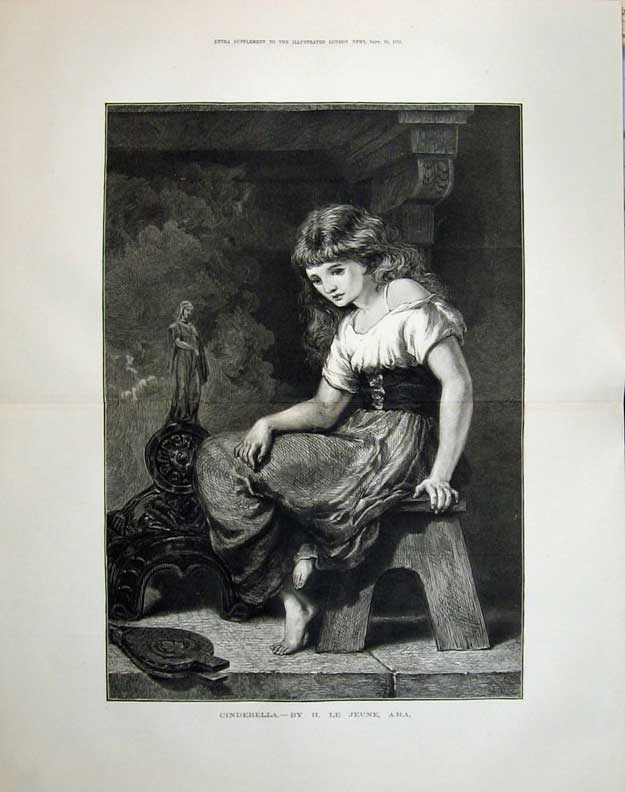 Old Antique Print Fine Art Portrait 1876 Cindrella Young Girl Fireplace 19th