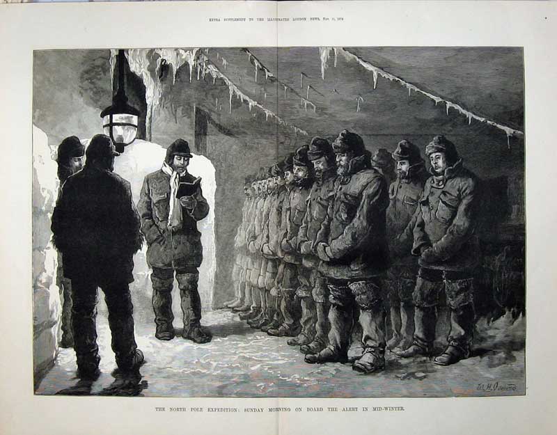 Old Antique Print North Pole Expedition 1876 Sunday Service Ship Alert 19th