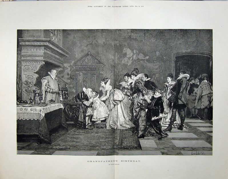 Antique Old Print 1876 1876 Fine Art Grandfathers Birthday Children Party 19th