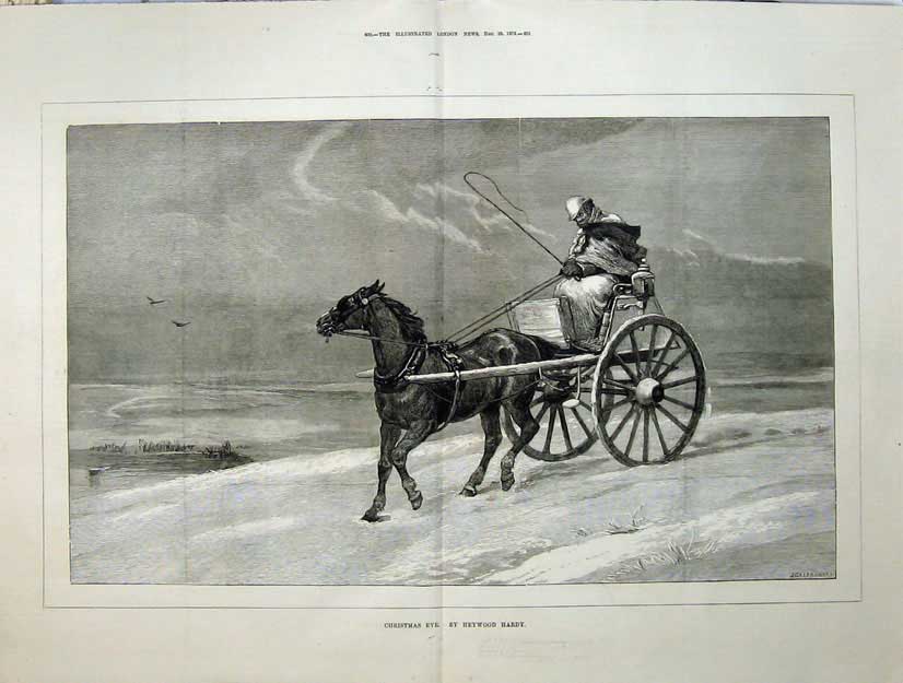 Original Old Antique Print 1876 Fine Art Christmas Man Horse Cart Snow Hardy