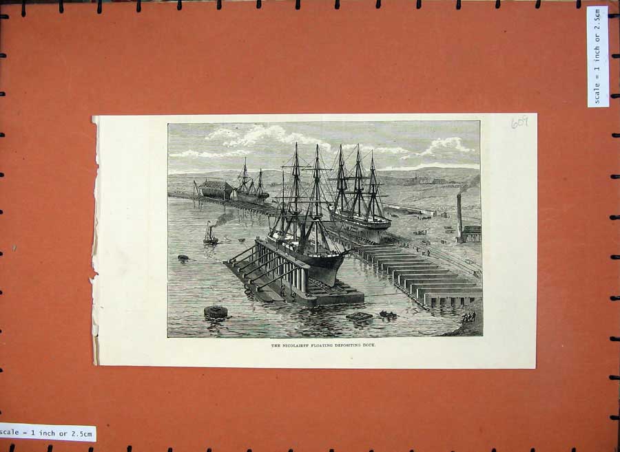 Old Antique Print 1876 Fine Art Ship Nicolaieff Floating Depositing Dock 19th