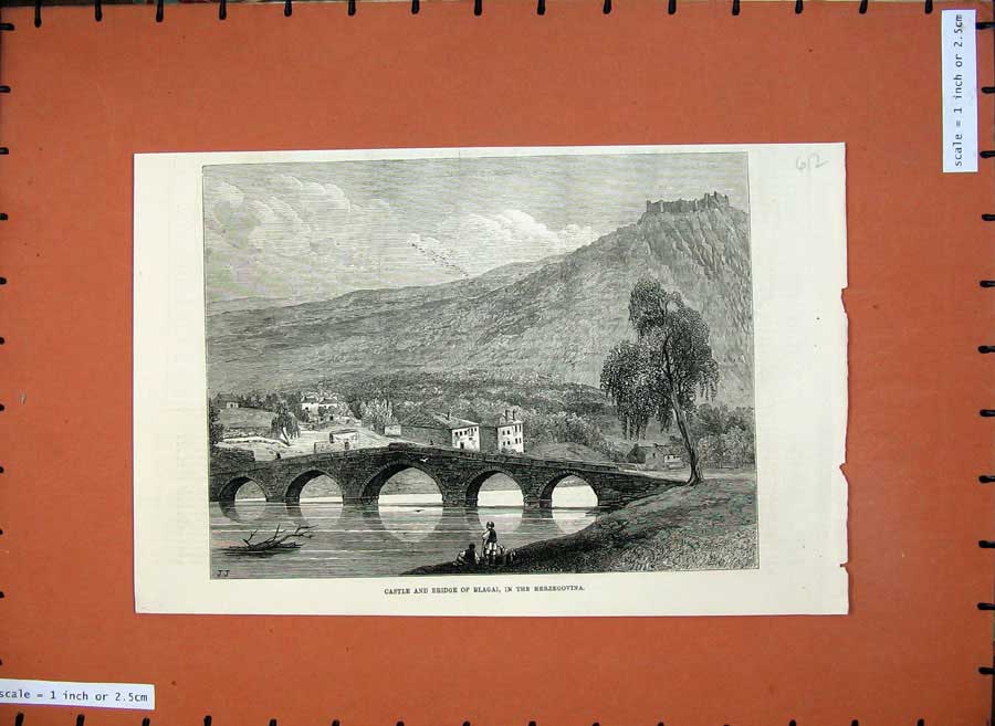 Original Old Antique Print Fine Art 1876 Castle Bridge Blagai Herzegovina River