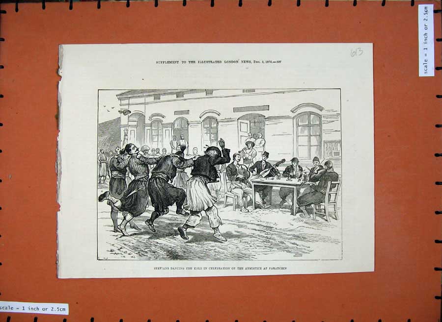 Original Old Antique Print 1876 Servians Dancing Kolo Armistice Paratchin Music
