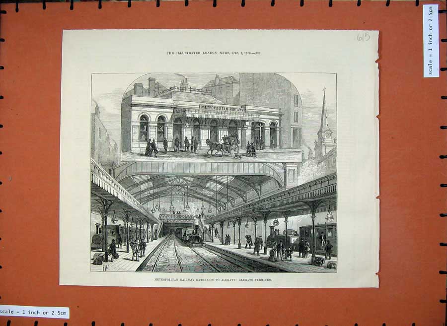 Original Old Antique Print 1876 Metropolitan Railway Extension Aldgate Terminus
