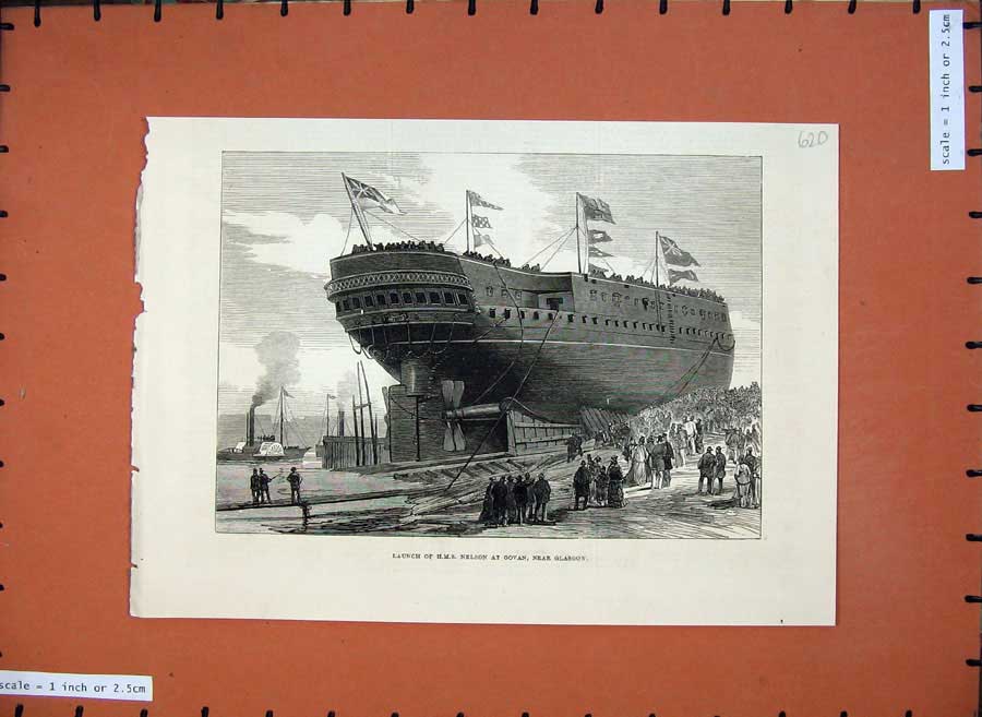 Original Old Antique Print Fine Art 1876 Launch H.M.S Nelson Ship Govan Glasgow
