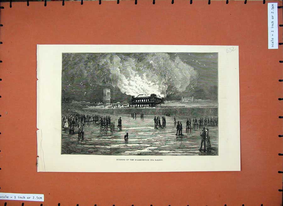 Original Old Antique Print 1876 Burning Scraborough Spa Saloon Fire Fine Art