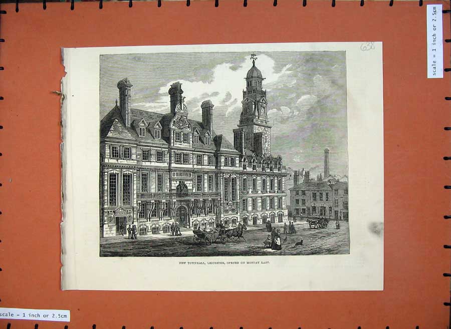 Antique Old Print *0215 1876 New Townhall Leicester Building Architecture Art