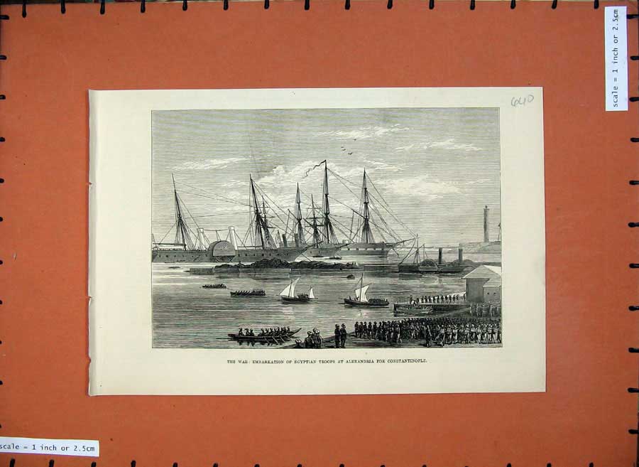 Old Antique Print War 1876 Embarkation Egyptian Troops Alexandria Ships 19th