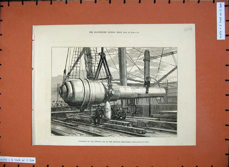 Old Antique Print 1876 Shipment 100-Ton Gun Elswick Ironworks Newcastle 19th
