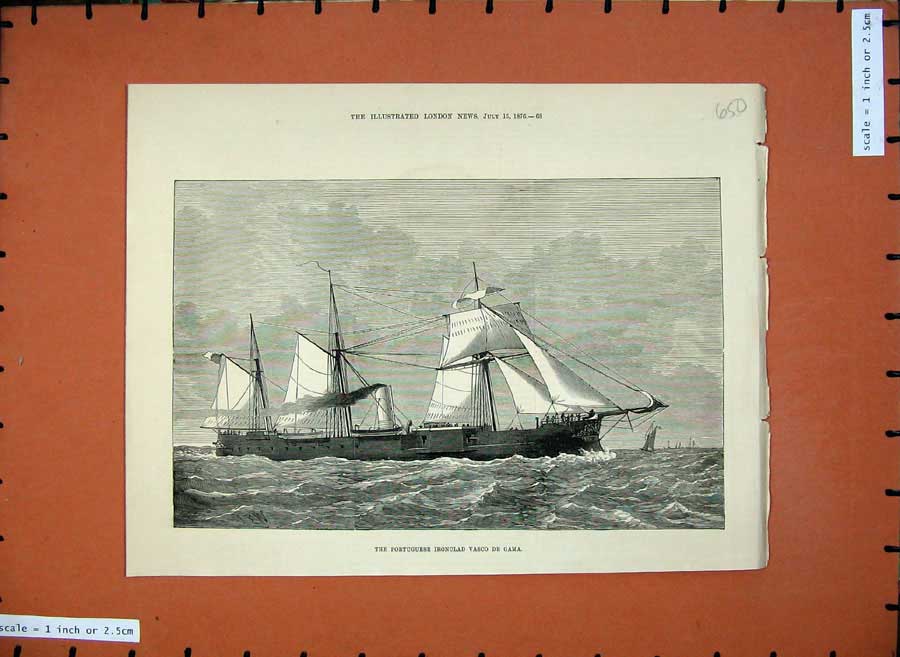 Old Antique Print 1876 Sailing Ship Portuguese Ironclad Vasco De Gama Art 19th
