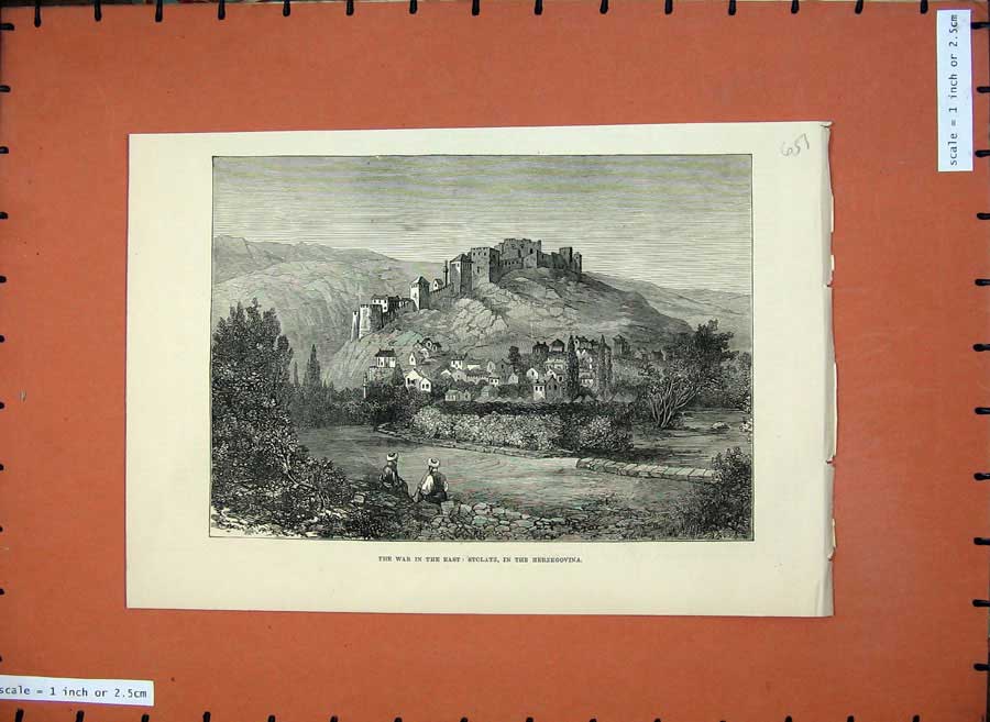 Old Antique Print Fine Art 1876 War Stolatz Herzegovina Fort Houses Hills 19th