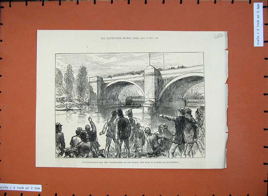 Original Old Antique Print 1876 Sculling Match Race Barnes Railway Bridge Boats