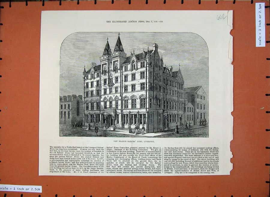 Original Old Antique Print 1876 New Branch Sailors Home Liverpool Architecture